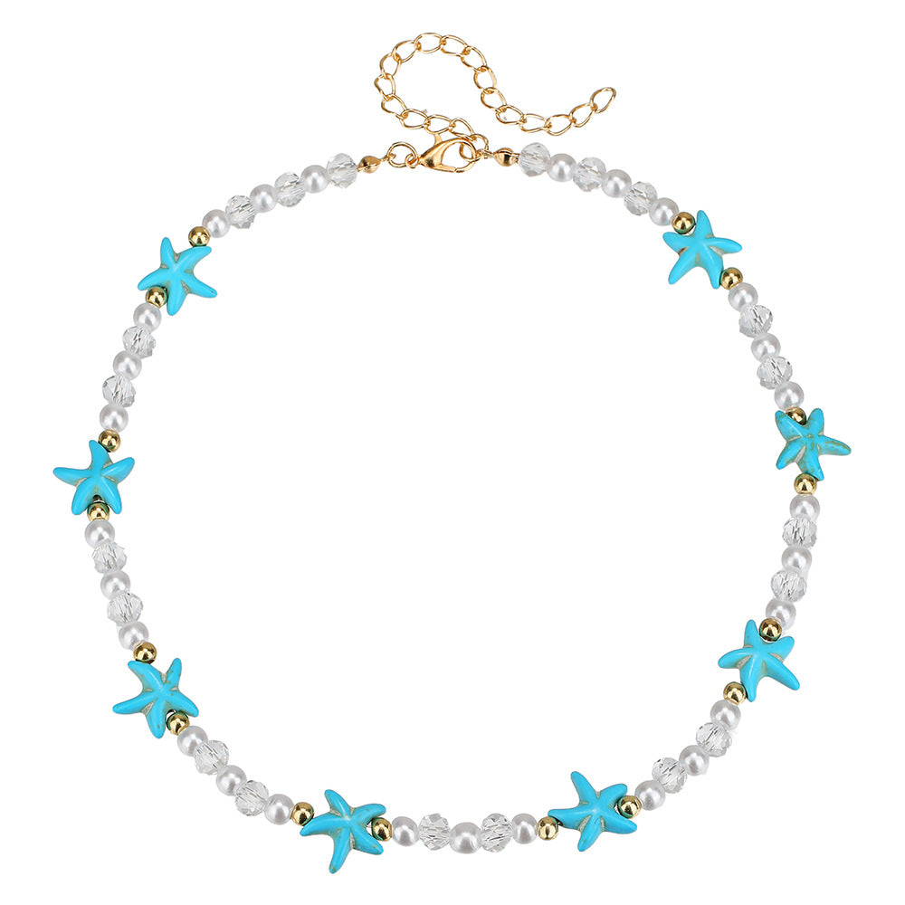 Wholesale Bohemian turquoise starfish pearl crystal necklace clavicle chain